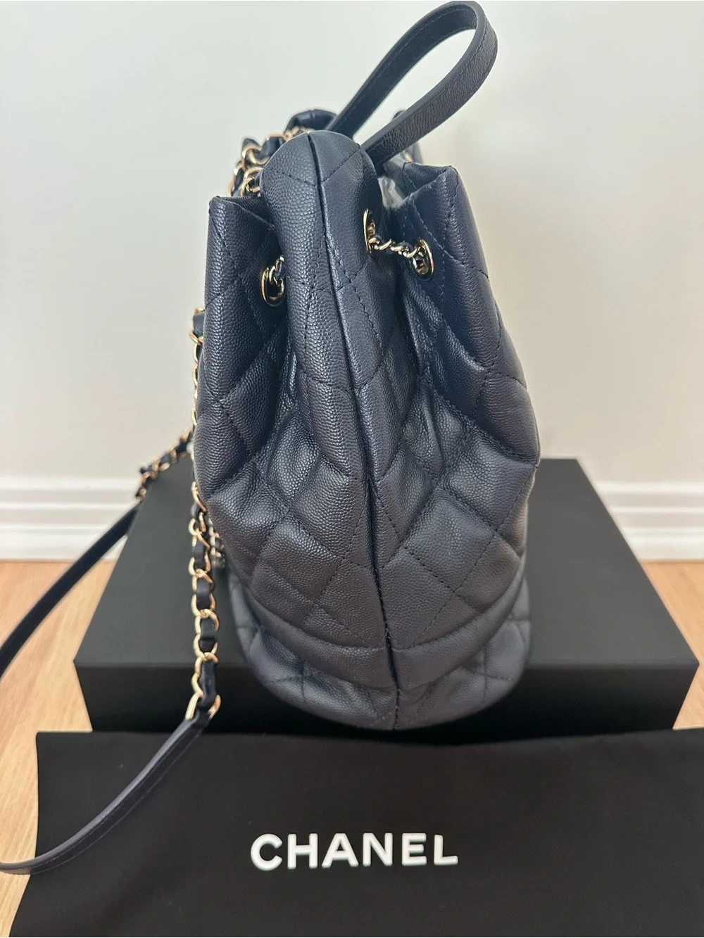 Chanel Navy Quilted Caviar Drawstring Bucket Bag- Gold Hardware/2019